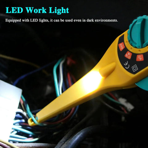 Automotive Circuit Tester With Hook Probe showing LED lighting in dark car environment