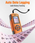 PT-990 Rechargeable Gas Leak Detector with 11 Inch Probe alongside leak history tracking data display.