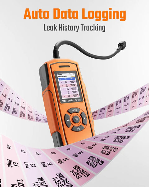 PT-990 Rechargeable Gas Leak Detector with 11 Inch Probe alongside leak history tracking data display.