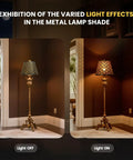 Exhibition of light effects with a metal lamp shade on a decorative floor lamp in both light off and on scenarios.