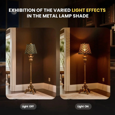 Exhibition of light effects with a metal lamp shade on a decorative floor lamp in both light off and on scenarios.