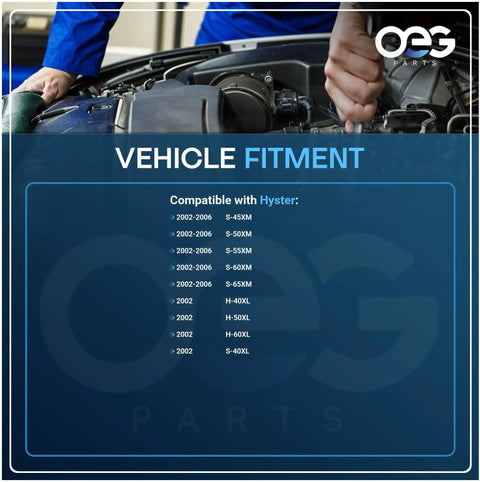 Mechanic checking engine fitment compatibility, Hyster models listed