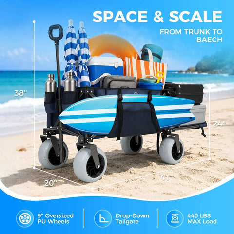 Rugged Beach Ready Wagon With 9 Inch Sand Proof Wheels Extended Open Back Tailgate 440 Lb Capacity Folding Wagon Cart loaded with beach gear