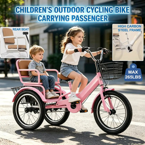 Girl and boy riding on three wheel kids bicycle for ages three to ten, tandem trike with passenger seat, dual brakes, adjustable handlebar.
