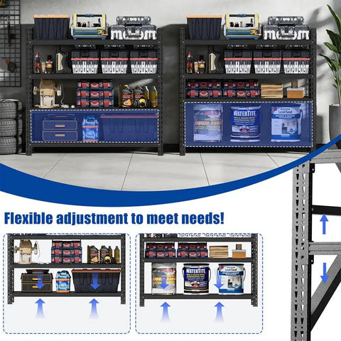 Rock Solid Four Tier Heavy Duty Garage Storage Shelves With 5000 Lb Capacity Adjustable Reinforced Steel Utility Rack For Workshop And Warehouse Made Solid And Ready To Roll, showcasing organized tools and supplies.