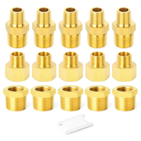 Six Piece Brass Pipe Fittings Set With Hex Bushings And Reducer Adapters Reducing Nipples From Three Eighths NPT To One Quarter NPT