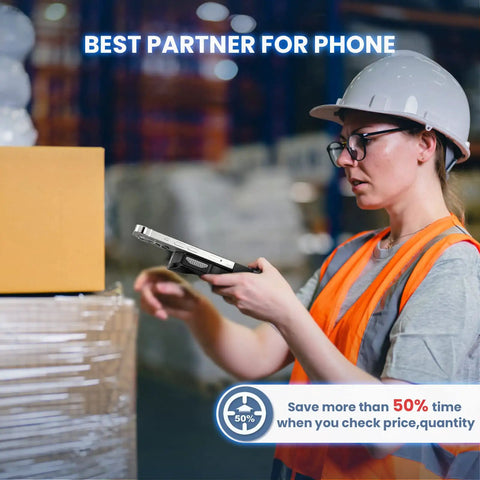 Worker using Bluetooth 2D Barcode Scanner Back Clip For Phones Ultra Fast Wireless USB Reader in warehouse
