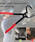 Exhaust hanger removal tool with red non-slip handles and 25° offset design for dismantling automotive exhaust hangers