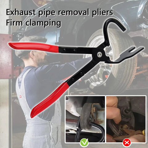 Exhaust hanger removal tool with red non-slip handles and 25° offset design for dismantling automotive exhaust hangers