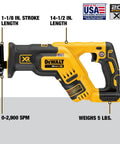 20V Max XR Cordless Reciprocating Saw Brushless Compact Design with 2.5x More Runtime showcasing dimensions and features