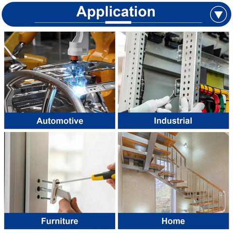 Image showing applications of 40-Piece 5/16 Rivet Nut Installation Tool Set in automotive, industrial, furniture, and home settings.