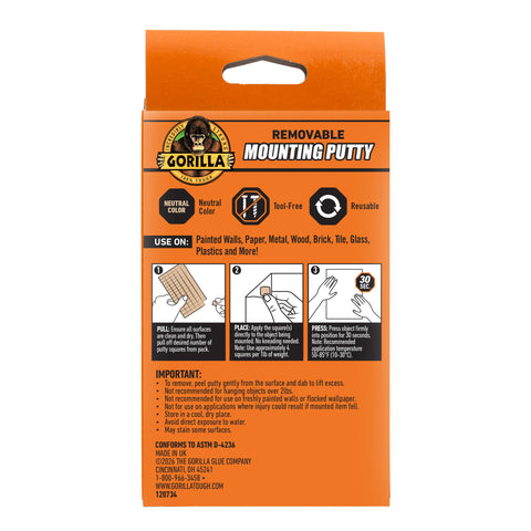 Back of packaging for Mounting Putty For Walls Natural Tan Color 168 Pre Cut Squares Removable And Repositionable Non Toxic Low Residue No Mess No Holes Lets You Hang Lightweight Decor And Pictures Without Nails Or Tape