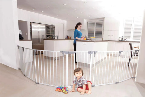 Royale Converta 3 In 1 Play Yard And 151 Inch Wide Baby Gate, 6 configurable panels around child in modern kitchen
