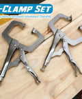 Workhorse 11 Inch Locking C Clamps 4 Pack Heavy Duty Steel With Swivel Jaw Pad One Hand Quick Release Mechanism on wood surface.