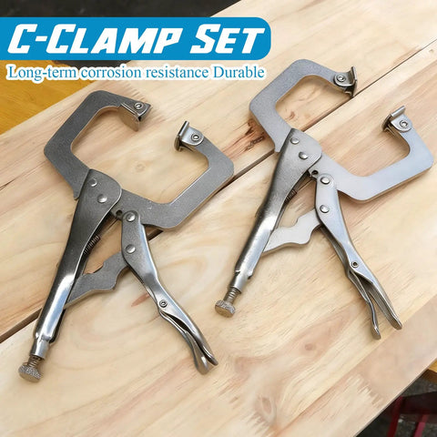 Workhorse 11 Inch Locking C Clamps 4 Pack Heavy Duty Steel With Swivel Jaw Pad One Hand Quick Release Mechanism on wood surface.