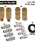 JACO Hi-Flo Type V 1/4 in NPT air fittings kit, 12-piece set, brass couplers, stainless adapters, PTFE tape