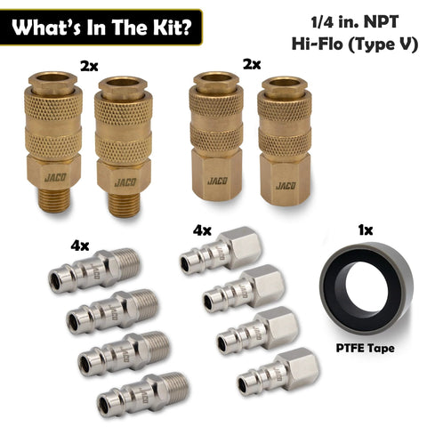 JACO Hi-Flo Type V 1/4 in NPT air fittings kit, 12-piece set, brass couplers, stainless adapters, PTFE tape
