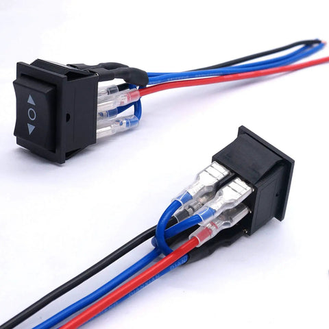 12V Polarity Reverse Switch Momentary DPDT Rocker Toggle With 6 Pins, ON OFF ON Action, Auto Reset, RV Jack Motor Control, Jumper Wires Included, 16A 250V AC or 20A 125V AC, Great For RVs. Black 33x25mm rocker switch with 6 jumper wires