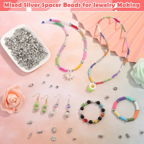 350 Pcs Silver Spacer Beads For Jewelry Making Bulk Mixed Styles Metal Beads shown with colorful necklaces and bracelets