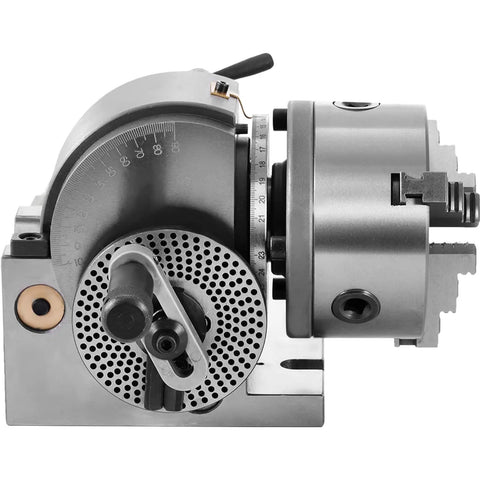 Five Inch 3 Jaw Chuck Dividing Head Set For Milling Machine Rotary Table Tailstock Precision Semi Universal Dividing Head Built To Last With Rugged Wear Resistant Build Easy Adjustment And Pro Level Accuracy For Metalworking Projects - side view with indexing plate and adjustment levers visible.
