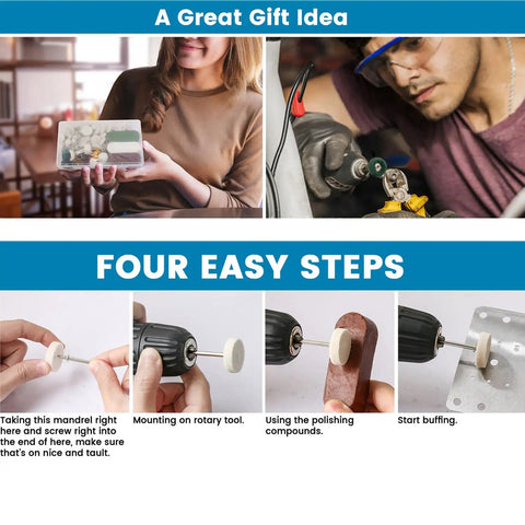 Straight Up Heavy Duty Buffing Wheel Polishing Kit Packs Felt Wool Pads And Top Shelf Compounds For Slick Metal Finishes Built For One Eighth Shank Rotary Tool Operators, showing steps of use.
