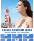 Woman using Turbo Handheld Fan 12800 RPM Ultra Portable 4 In 1 Mini Fan; showing airflow effect with adjustable settings display