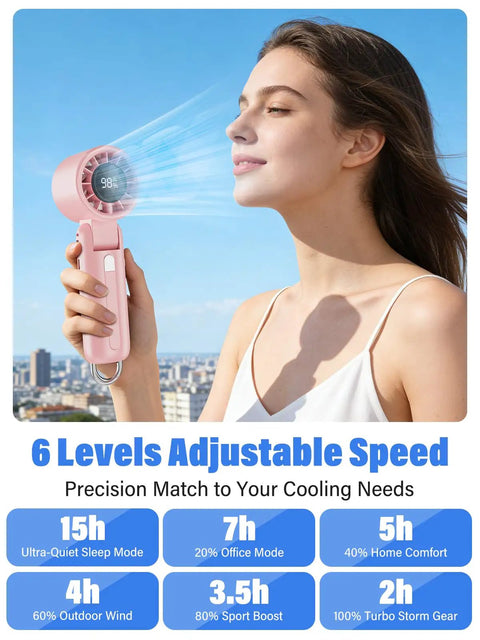 Woman using Turbo Handheld Fan 12800 RPM Ultra Portable 4 In 1 Mini Fan; showing airflow effect with adjustable settings display