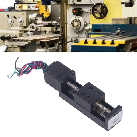 Top Shelf Mini Linear Rail Stage With Integrated Stepper Motor 50Mm smooth glide travel shown on CNC setup
