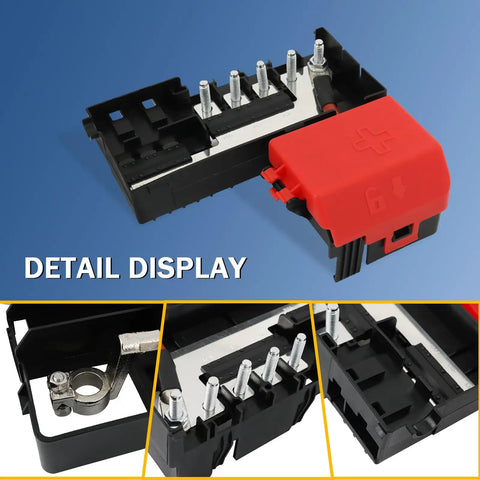 Heavy Duty Battery Distribution Fuse Block Direct Replacement For Chevy Silverado Tahoe Suburban Rigs Slick Electrical Upgrade With Top Shelf Durability And Hassle Free Install detailed view showing terminals and red cover.