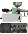 Heavy Duty Single Screw Filament Extruder For 3D Printer Roll Out Dope PEEK ABS PLA Plastic Wire With Turbo Heat Press System side view with motor and hopper.
