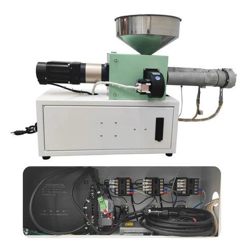 Heavy Duty Single Screw Filament Extruder For 3D Printer Roll Out Dope PEEK ABS PLA Plastic Wire With Turbo Heat Press System side view with motor and hopper.