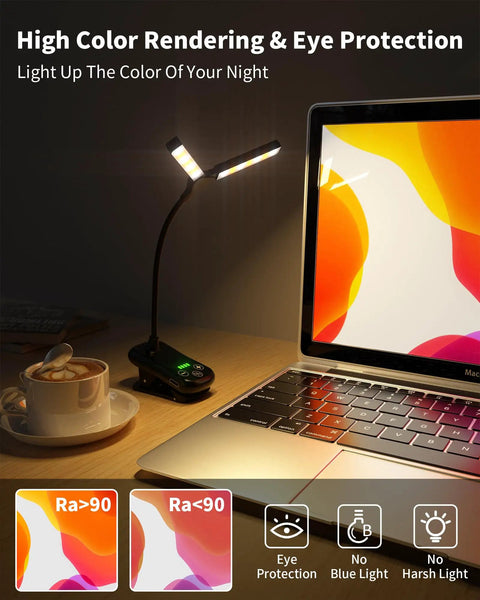Rechargeable Clip On Reading Light With 14 LEDs, 3 Color Modes And 8 Brightness Levels, Black, illuminating a desk scene with laptop.