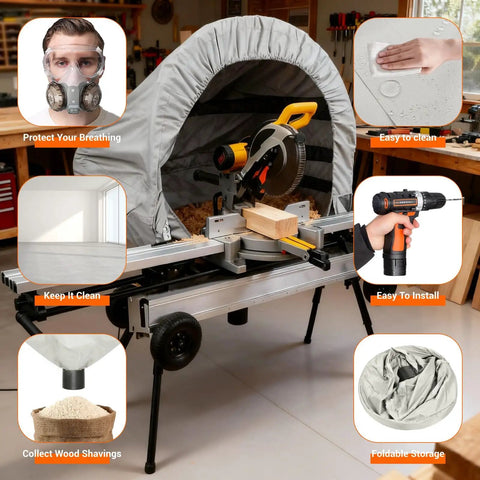 Heavy Duty Miter Saw Dust Hood with 4 Inch Vacuum Port, Oxford Fabric Dust Collector Enclosure for Most 10 Inch Sliding and Chop Saws, Keeps Your Shop Tidy, Includes Storage Bag, Grey installed over saw in workshop
