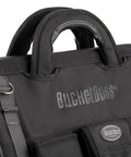 Close-up of handles and logo on Pro Drop-Bottom Tool Bag With 15 Pockets, Waterproof Bottom, StayPut Handles, And Removable Padded Strap