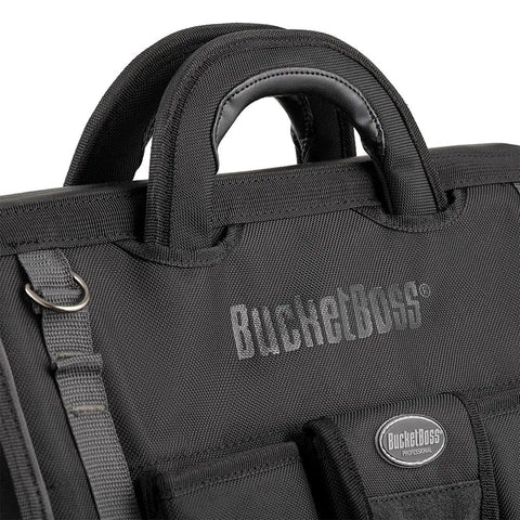 Close-up of handles and logo on Pro Drop-Bottom Tool Bag With 15 Pockets, Waterproof Bottom, StayPut Handles, And Removable Padded Strap