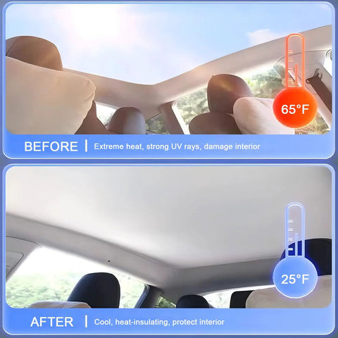QANGBOOM sunshade for Tiguan 2010–2017, one-piece foldable sunroof shade with storage bag; heat-insulation before/after demo