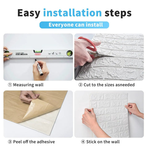 Easy installation steps for White 3D Faux Brick Wallpaper Peel And Stick Panels, measuring, cutting, peeling, and sticking guide.