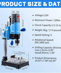Mini Benchtop Drill Press With 1200W Motor And Six Variable Speeds Includes Heavy Duty Bit Kit Two In One Swiveling Mount dimensions and specs.