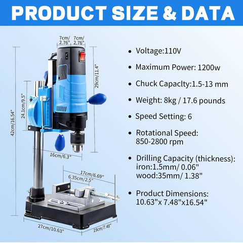Mini Benchtop Drill Press With 1200W Motor And Six Variable Speeds Includes Heavy Duty Bit Kit Two In One Swiveling Mount dimensions and specs.