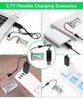 4 Pack 3.7V 1100mAh LiPo Battery With USB Charger Cable connected to various devices illustrating flexible charging scenarios