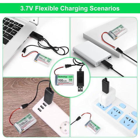 4 Pack 3.7V 1100mAh LiPo Battery With USB Charger Cable connected to various devices illustrating flexible charging scenarios