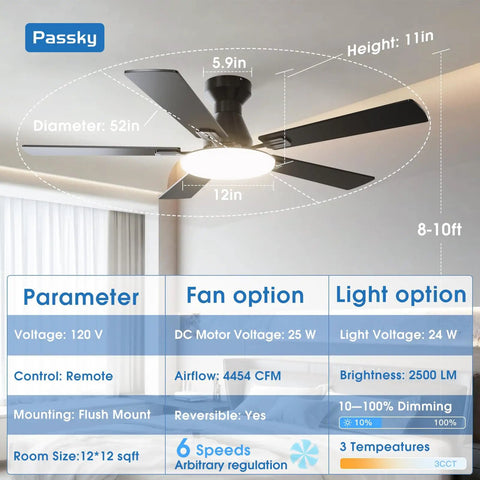 Diagram of 52 Inch Flush Mount Ceiling Fan With Light And Remote Low Profile Black Fan For Bedroom Or Farmhouse highlighting features