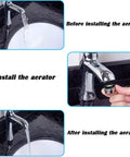 Before and after images showing Six Pack Universal Bathroom Sink Faucet Aerator Replacement Set installation on a chrome faucet.