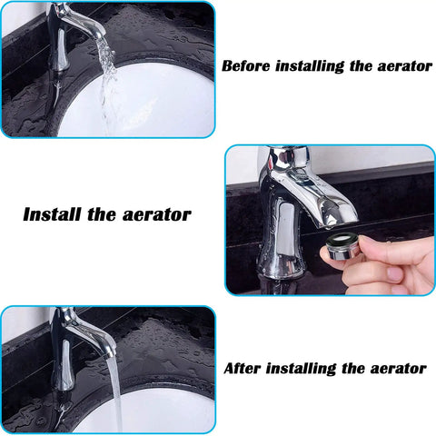 Before and after images showing Six Pack Universal Bathroom Sink Faucet Aerator Replacement Set installation on a chrome faucet.