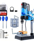 Mini Benchtop Drill Press With 1200W Motor And Six Variable Speeds Includes Heavy Duty Bit Kit Two In One Swiveling Mount and clamp setup.