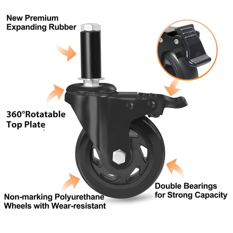 Ready To Roll 4 Inch Expanding Stem Caster Wheels Set Of 4 With Secure Locking Brakes Universal Tube Fit, showcasing 360° rotatable top plate.