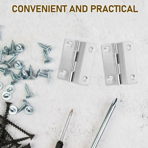 10 Pack Iron Folding Cabinet Hinges With Right Angle Mount, Smooth Quiet Operation, screws and tools visible
