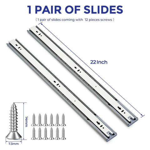 Full Extension Drawer Slides With Ball Bearing Rails And Soft Close 22 Inch Cabinet Mount shown with screws