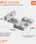 Precision drilling template for concealed undermount drawer runners shown with measurements and Blum branding.