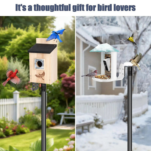 Beefy 1 Inch Diameter Bird Feeder Pole Stand 79 Inch Tall Outdoor Mounting Kit with birdhouses and bird feeders installed.